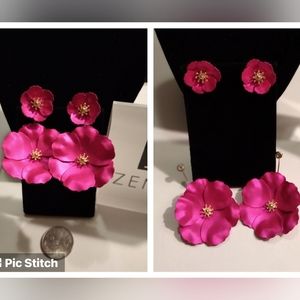 Hot Pink Metallic/18K Gold 3-D Hand-Painted Floral Earrings